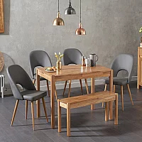 York 150cm Solid Oak Dining Table with 2 Grey Hudson Chairs with 2 Oak Benches