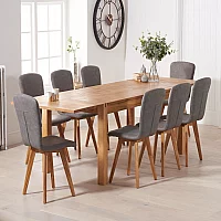 Thetford 180cm Oak Dining Table with 6 Grey Ruben Chairs with Thetford 45cm Oak Extensions