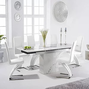 Extending Savona 160cm White Ceramic Dining Table with 6 Black Aldo Chairs