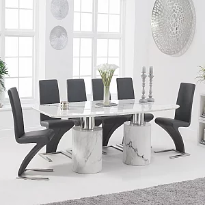 Antonio 220cm White Marble Dining Table with 8 Grey Aldo Chairs
