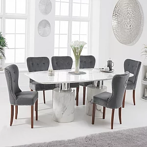 Antonio 220cm White Marble Dining Table with 10 Grey Keswick Chairs