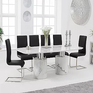 Antonio 220cm White Marble Table with 6 Black Austin Chairs