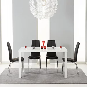 Seattle 160cm White High Gloss Dining Table with 4 Black Marco Chairs