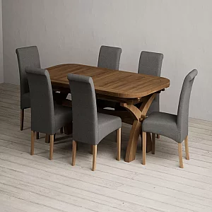 Extending Olympia 180cm Rustic Solid Oak Dining Table with 8 Charcoal Grey Scroll Back Chairs