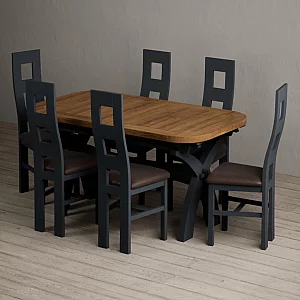 Extending Olympia 180cm Oak and Dark Blue Dining Table with 6 Brown Painted Chairs