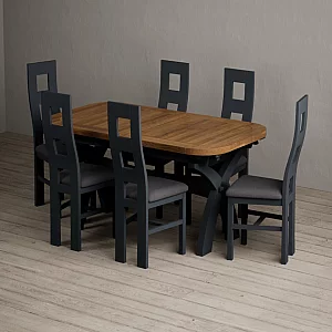 Extending Olympia 180cm Oak and Dark Blue Painted Dining Table with 6 Charcoal Grey Painted Chairs