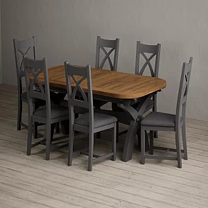 Extending Olympia 180cm Oak and Charcoal Grey Painted Dining Table with 12 Blue Painted Chairs