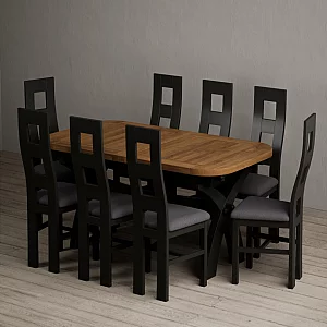 Extending Olympia 180cm Oak and Black Painted Dining Table with 8 Charcoal Grey Painted Chairs