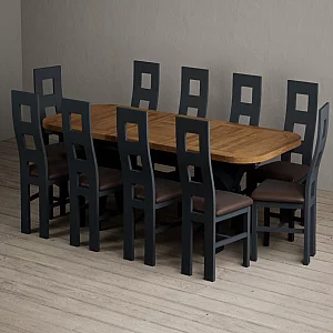 Extending Olympia 180cm Oak and Dark Blue Dining Table with 10 Brown Painted Chairs