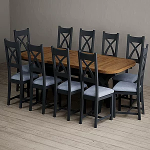 Extending Olympia 180cm Oak and Dark Blue Painted Dining Table with 10 Blue Painted Chairs