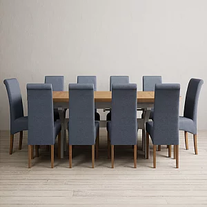 Extending Olympia 180cm Oak and Soft White Painted Dining Table with 10 Blue Scroll Back Chairs