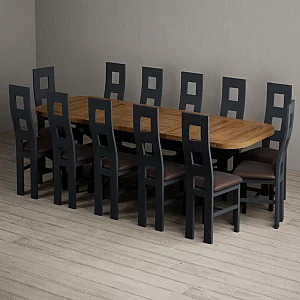 Extending Olympia 180cm Oak and Dark Blue Dining Table with 12 Brown Painted Chairs