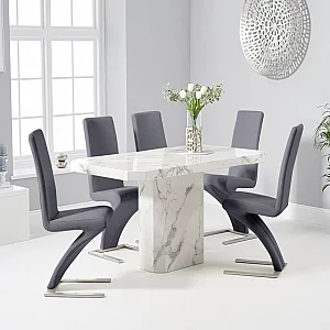Belle 160cm Marble White Dining Table with 4 Grey Aldo Chairs