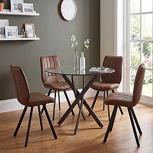 Bernini 110cm Black Leg Glass Dining Table with 4 Brown Hendrick Chairs