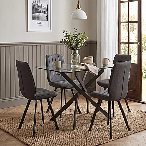 Bernini 120cm Black Leg Rectangular Glass Dining Table with 4 Grey Hendrick Chairs