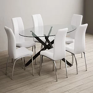 Bernini 165cm Black Leg Oval Glass Dining Table with 6 Black Marco Chairs