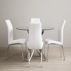 Bernini 110cm Glass Dining Table with 4 White Marco Chairs