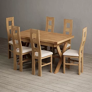 Extending Buckley 160cm Solid Oak Dining Table with 8 Light Grey Natural Chairs