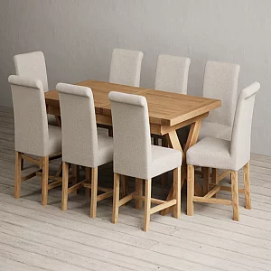 Extending Buckley 160cm Solid Oak Dining Table with 8 Natural Braced Chairs