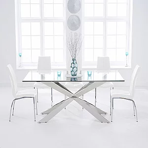 Canova 160cm Glass Dining Table with 4 White Marco Chairs