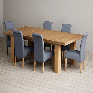 Extending Callington 230cm Oak Dining Table with 6 Blue Scroll Back Chairs