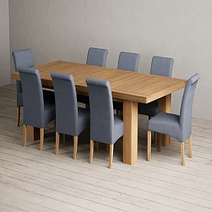 Extending Callington 230cm Oak Dining Table with 8 Blue Scroll Back Chairs