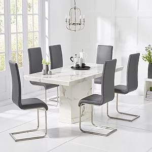 Carvelle 160cm White Pedestal Marble Dining Table with 4 Black Austin Chairs