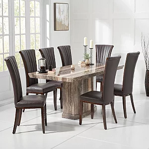 Carvelle 200cm Brown Pedestal Marble Dining Table with 10 Brown Lorient Chairs
