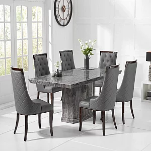 Carvelle 160cm Grey Pedestal Marble Dining Table with 4 Grey Francesca Chairs