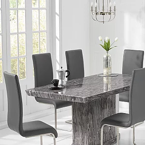 Carvelle 200cm Dark Grey Pedestal Marble Dining Table with 12 Grey Austin Chairs