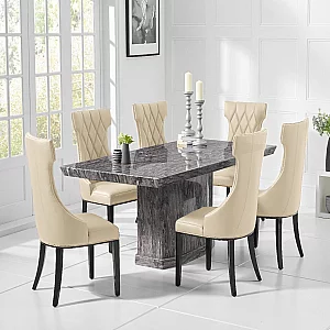 Carvelle 160cm Dark Grey Pedestal Marble Dining Table with 4 Cream Sophia Chairs
