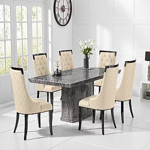 Carvelle 200cm Grey Pedestal Marble Dining Table with 10 Cream Francesca Chairs