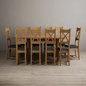 Extending Caversham Oak Oval Dining Table with 10 Charcoal Grey Natural Solid Oak Chairs