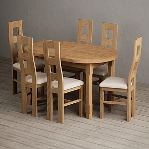 Extending Caversham Oak Oval Dining Table with 10 Linen Natural Chairs