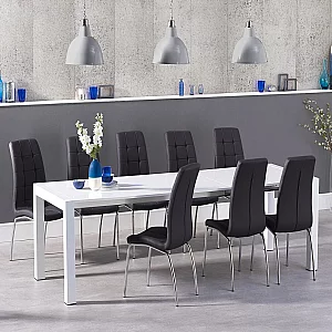 Extending Cleveland White High Gloss Dining Table with 6 Black Enzo Chairs