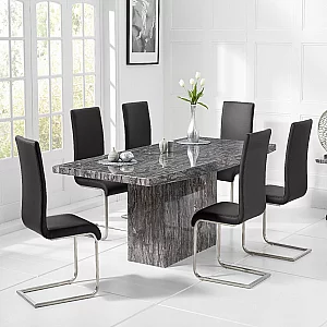 Crema 220cm Grey Marble Dining Table with 6 Black Austin Chairs