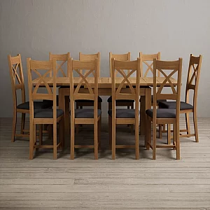 Extending Buxton 140cm Solid Oak Dining Table with 10 Charcoal Grey Natural Solid Oak Chairs
