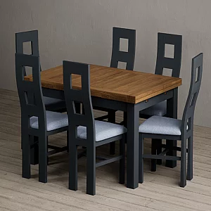Extending Buxton 140cm Oak and Dark Blue Dining Table with 6 Blue Painted Chairs