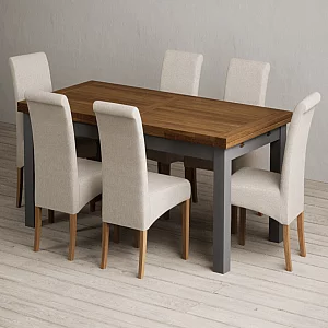 Extending Buxton 180cm Oak and Charcoal Grey Dining Table with 6 Natural Scroll Back Chairs