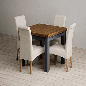 Extending Buxton 90cm Oak and Dark Blue Dining Table with 4 Natural Scroll Back Chairs