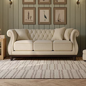 Harrow Chesterfield Ivory Linen Fabric 3 Seater Sofa