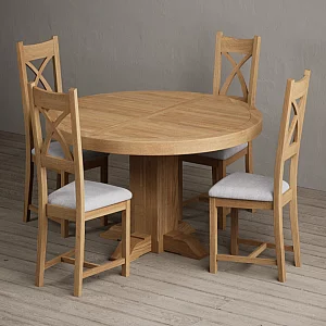 Helmsley 150cm Round Oak Dining Table with 4 Light Grey Natural Solid Oak Chairs