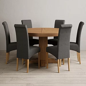 Helmsley 150cm Round Oak Dining Table with 6 Charcoal Grey Scroll Back Chairs