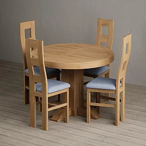Extending Helmsley Oak Pedestal Dining Table with 8 Brown Natural Chairs