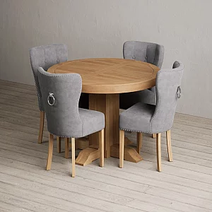 Extending Helmsley Oak Pedestal Dining Table with 4 Grey Keswick Chairs