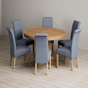 Extending Helmsley Solid Oak Pedestal Dining Table with 6 Blue Scroll Back Chairs