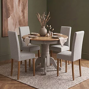 Hertford 120cm Fixed Top Oak and Light Grey Painted Dining Table with 4 Grey Lila Chairs