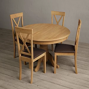 Hertford 120cm Fixed Top Solid Oak Round Pedestal Table with 4 Brown Hertford Chairs