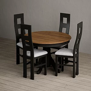 Hertford 120cm Fixed Top Oak and Black Painted Dining Table with 4 Light Grey Painted Chairs