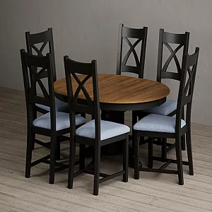 Extending Hertford 100cm 130cm Oak and Black Painted Pedestal Dining Table with 6 Blue Painted Chairs